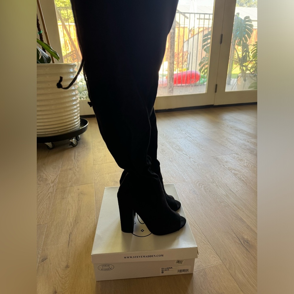 Steve Madden Elliana black suede over the knee open toe boots size 8 used
